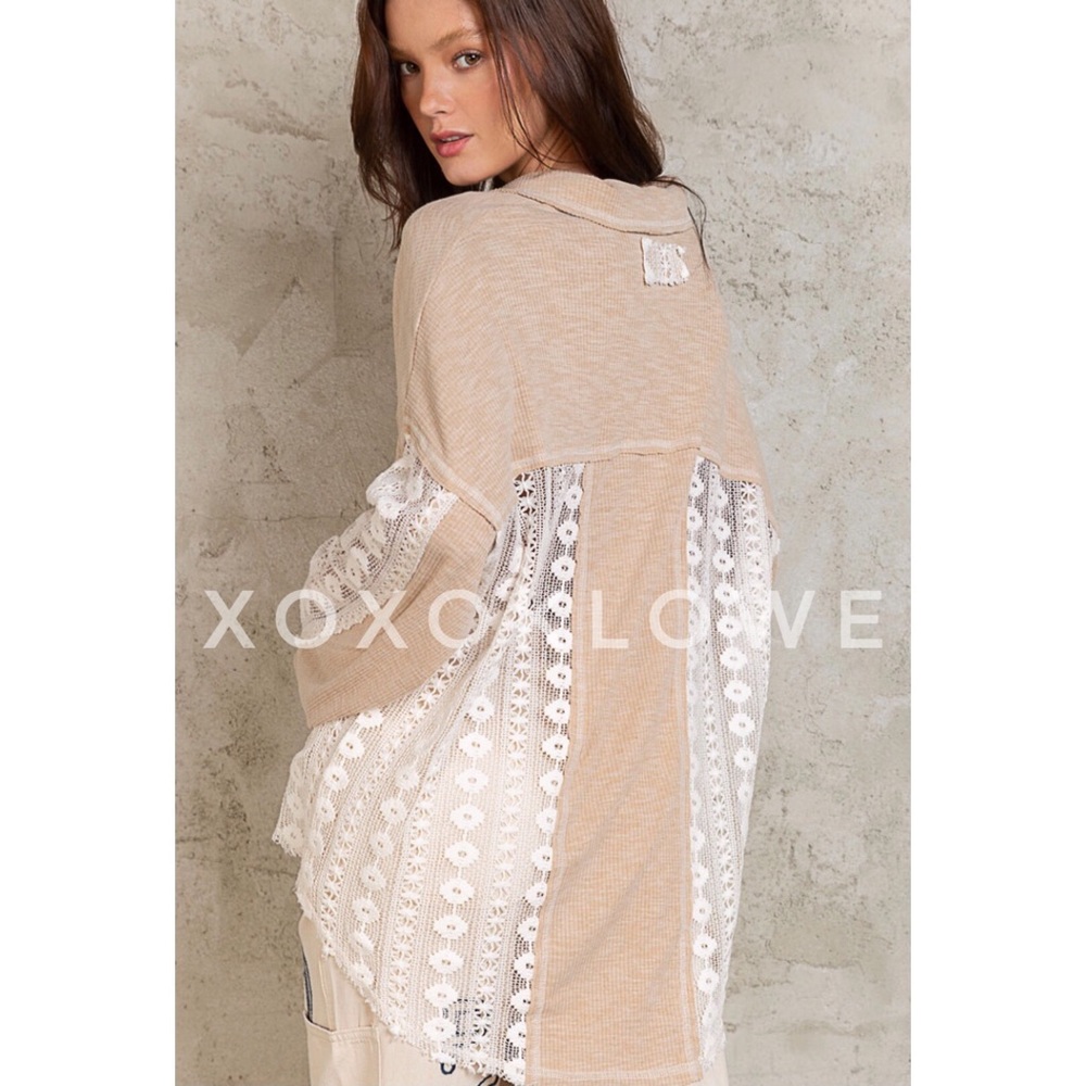 POL Beige & White Rib Knit with Lace Split Neck Top - Picture 5 of 12